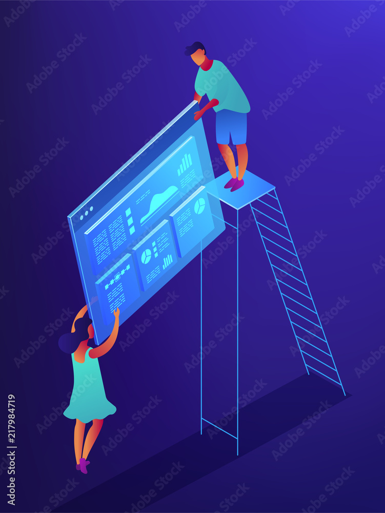 Wall mural isometric seo analysts doing data analysis with chart illustration. seo optimization, digital market