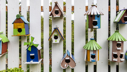 Bird house on wood fence