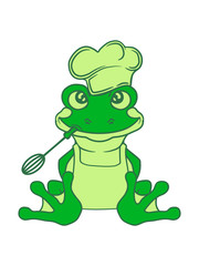 koch chef kochen lecker essen mütze schürze grillen backen frosch sitzend süß niedlich klein comic cartoon clipart