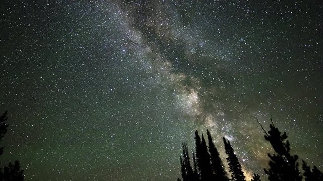 Panning view of the Milky Way moving through the sky at night over the tree tops viewing the galaxy in space.