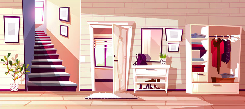Hallway room interior vector illustration of retro apartment corridor or store entrance with furniture. Cartoon flat wardrobe background with store compartments and shelf for clothes, bag and umbrella
