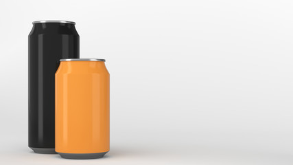 Big black and small orange aluminum soda cans mockup