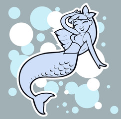Cartoon illustration of a beautiful cute adorable mermaid with long hair and bow swimming around smiling