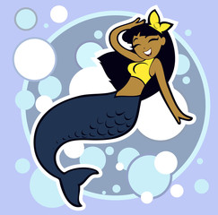 Cartoon illustration of a beautiful cute adorable mermaid with long hair and bow swimming around smiling