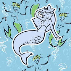 Cartoon illustration of a beautiful cute adorable mermaid with long hair and bow swimming around smiling