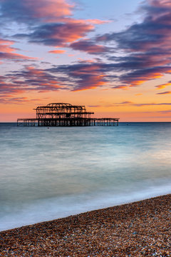 The ruin of the Brighton West Pier seen at sunset