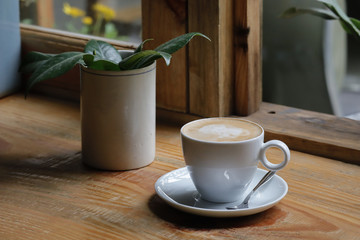 Bonsai pot and coffee by the window