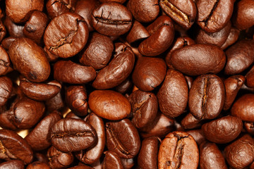 Close up of coffee beans texture background, selective focus