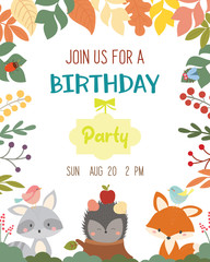 Cute animal autumn theme birthday party invitation card vector illustration.