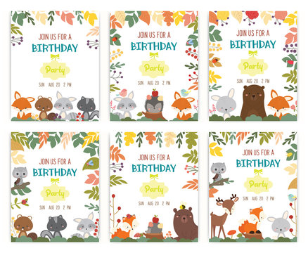 Cute Animal Autumn Theme Birthday Party Invitation Card Vector Illustration.