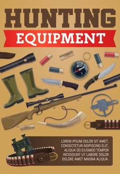 Hunting equipment and hunter ammo vector poster