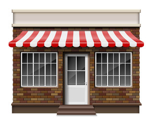 Brick small 3d store or boutique front facade. Exterior boutique shop with window. Mockup of realistic street shop isolated. Vector illustration
