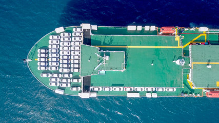 Aerial image of a Large RoRo (Roll on/off) Vehicle carrie vessel cruising the Mediterranean sea