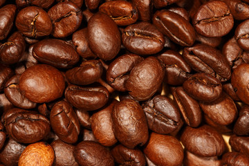 Close up of coffee beans texture background, selective focus