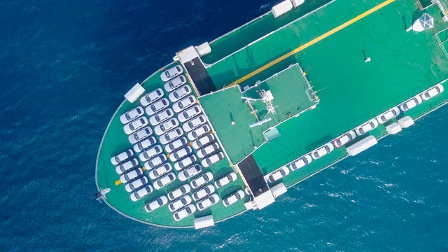 Aerial image of a Large RoRo (Roll on/off) Vehicle carrie vessel cruising the Mediterranean sea