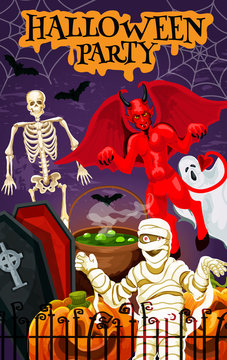 Halloween monsters for autumn night party banner