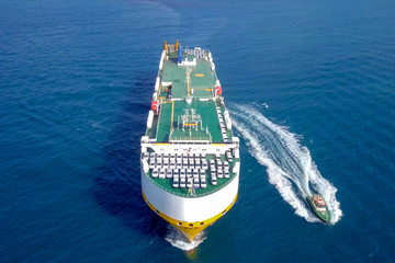 Aerial image of a Large RoRo (Roll on/off) Vehicle carrie vessel cruising the Mediterranean sea