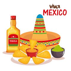 delicious mexican nachos with sauces and tequila