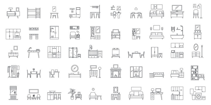 Interior room. Objects in house. Home inside furniture icons set. Outline illustration of 50 Interior room objects house inside furniture vector icons for web