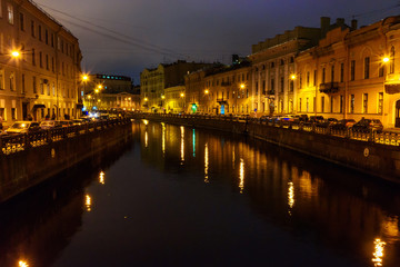 Embankment of the Moika River at night. Saint Petersburg, Russia