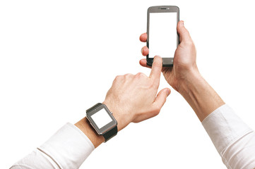 Man's hands using gadgets, mock-up isolated on white