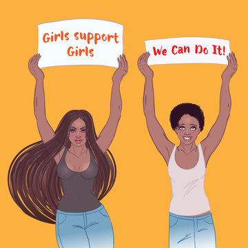 Young African American girl holding banner. Feminist protest concept. Black woman rights. Vector.