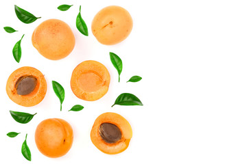 Apricot fruits with leaves isolated on white background with copy space for your text. Top view. Flat lay pattern