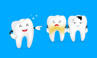 cute tooth character expression set, great for your design. Dental care concept. Illustration isolated on blue background.