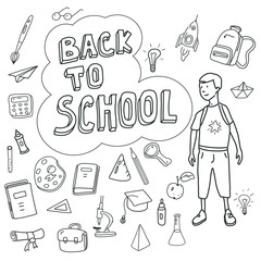 Back to school, poster with doodles drawn by hand, schoolboy goes to school, set of school icons, banner, invitation cards, cartoon style, vector, isolated