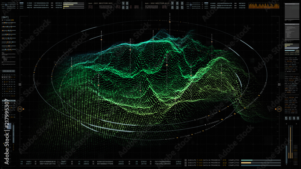 Poster Futuristic military concept for head up display with holographic terrain, user interface readout, targeting and tracking enemy in digital cyber space background