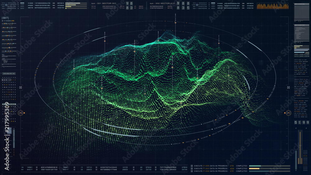 Poster Futuristic military concept for head up display with holographic terrain, user interface readout, targeting and tracking enemy in digital cyber space background