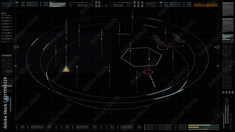 Poster Futuristic military concept for head up display with holographic terrain, user interface readout, targeting and tracking enemy in digital cyber space background