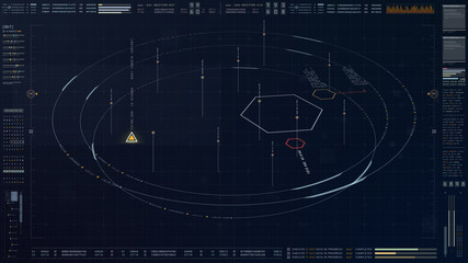 Futuristic military concept for head up display with holographic terrain, user interface readout, targeting and tracking enemy in digital cyber space background