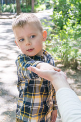 Little boy holding a mother's hand in the Park during the summer.