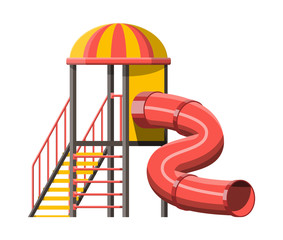 Childrens slide with ladder and roof isolated on white. Outdoor device with plastic tube for play activity, entertainment, fun. Public playground, kindergarten. Vector illustration flat style