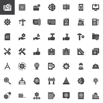 Engineering elements vector icons set, modern solid symbol collection, filled style pictogram pack. Signs, logo illustration. Set includes icons as Plan, Cpu, Presentation, Settings, Crane, Blueprint