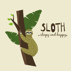 Cute funny sloth hanging on the tree. Sleepy and happy. Adorable hand drawn cartoon animal illustration. Vector cute sloth for greeting card, invites, poster, banner, t-shirt print, background © hadeev