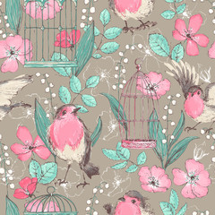 Romantic seamless patterns with wild roses, robin birds, cages, 
