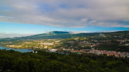 Fototapeta na wymiar Aerial panoramic view to Angra do Heroismo from Monte Brasil mountain, Terceira, Azores, Portugal
