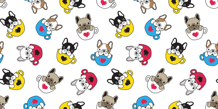 Dog Seamless Pattern Vector French Bulldog Isolated Pug Coffee Cup Heart Valentine Background Wallpaper