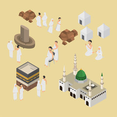 Isometric Illustration of Hajj Muslim Pilgrimage on 3D vector Infographic
