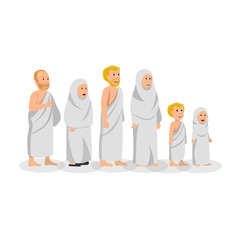 Set of Muslim on Hajj Wearing Ihram Islamic Vector Cartoon