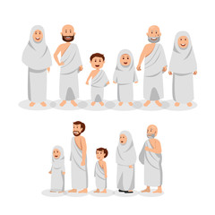 Set of Muslim Family Wearing Ihram, Islamic Pilgrimage (Hajj) Vector Cartoon Illustration