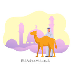 Eid Adha Mubarrak, Arabian Man Bring Camel for Sacrifice Festival, Islamic Greeting Card Flat UI Illustration Design