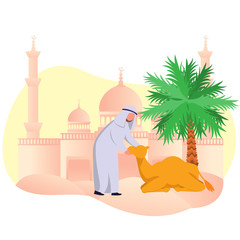 Eid Adha Mubarrak, Arabian Muslim With His Camel in Dessert, Flat Vector Illustration