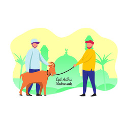 Eid Adha Mubarrak, Muslim Bring Goat for Sacrified Festival, Flat Illustration