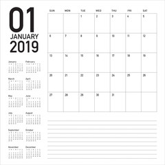 January 2019 desk calendar vector illustration