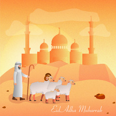Eid Adha Mubarrak Islamic Greeting Card Arabian Man With His Farm on Dessert