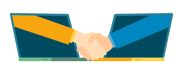 Business investor transaction handshake with laptop