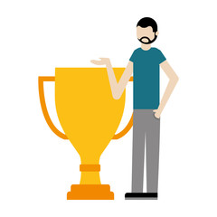 young man with trophy award cup isolated icon